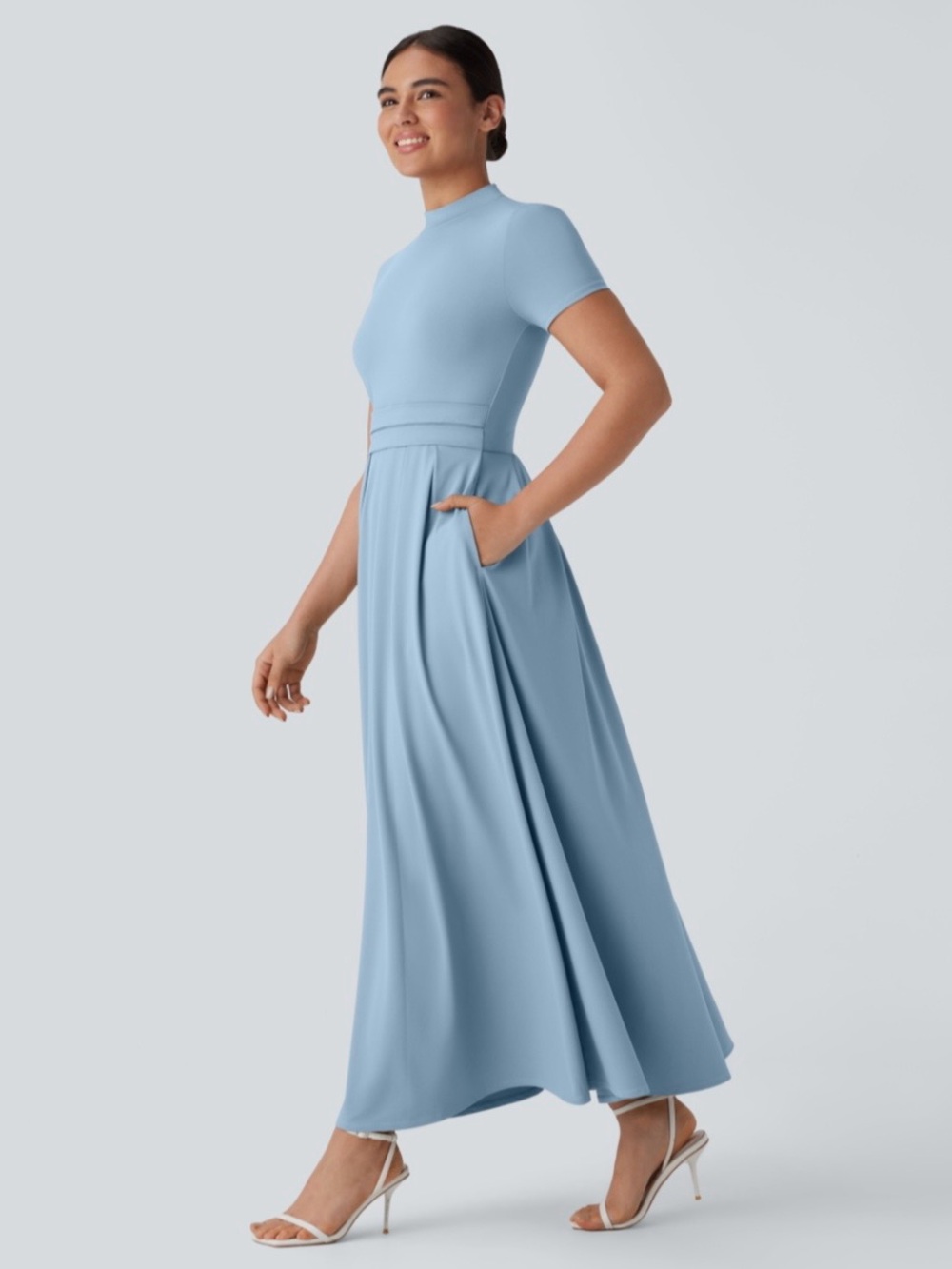 Halara Stand Collar Short Sleeve Pocket Flare Maxi Casual Dress